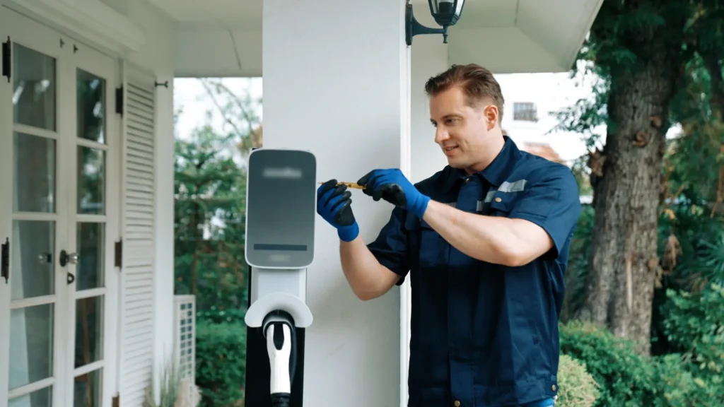 Electrician completing EV charger service